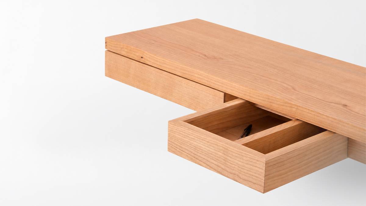 Nescio, console murale 2 tiroirs, Merisier Chaleur naturelle, 140 × 30 cm, ép. 9,8 cm