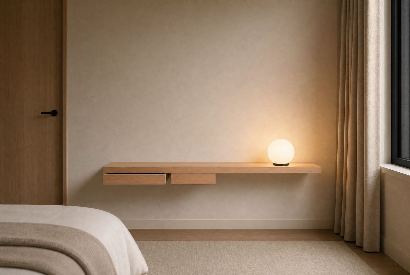 Nescio, console murale 2 tiroirs, en situation, chambre