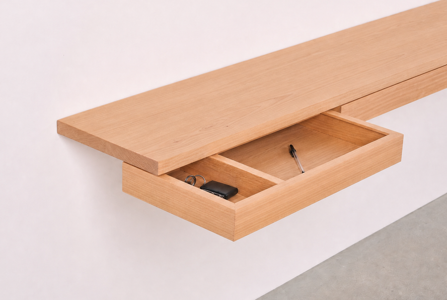 Nescio, détail Merisier Chaleur naturelle, Console murale 140×30